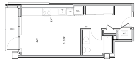 A floor plan of a house with a deck, live area, sleeping area, and a workspace.